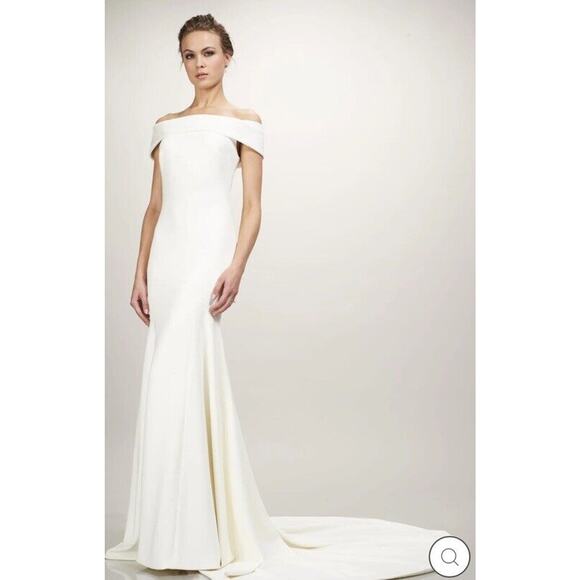 Theia Eve 890413 Wedding Dress New Without Tags Crepe Off The Shoulder W/veil 8 - Picture 1 of 16